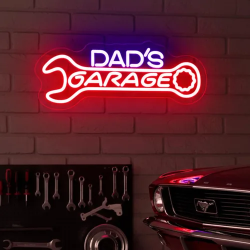 Vista 2 de Letrero de neón para garaje de papá, decoración de pared de garajes LED para taller, regalos para marido, papá, padre, hombres, rojo y azul