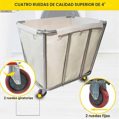 Vista 6 de Carrito de lavandería de 10 bushel con ruedas, resistente, industrial, para el hogar, color beige, grande, cesta de lavandería, cesta de servicio
