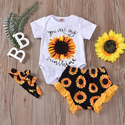 Vista 7 de Afunbaby Ropa de verano para bebé niña recién nacido con letras parte superior pantalones cortos de girasol linda ropa para bebé niña con diadema