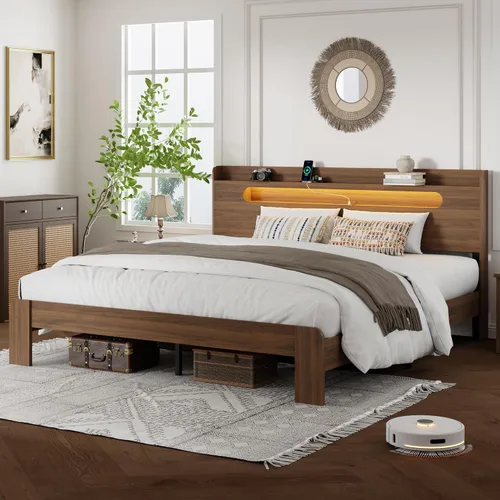 Vista 9 de Base de cama tamaño matrimonial con cabecera de almacenamiento, base de cama de plataforma con estación de carga y luces LED, listones de madera