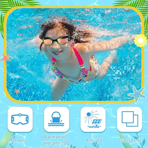 Vista 4 de Flutesan Paquete de 3 gafas de natación sin fugas, de silicona, antivaho con clip para la nariz, tapones para los oídos para adultos y niños, 3
