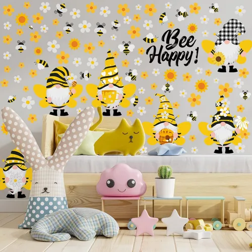 Vista 6 de Capoda 167 calcomanías de pared de gnomo de abeja, 6 hojas de calcomanías de pared de gnomo de girasol para ventanas de vidrio, calcomanías