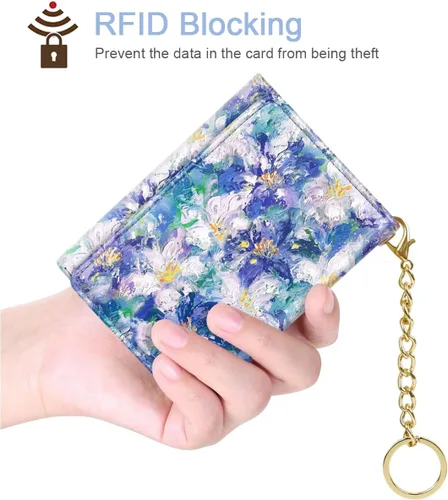 Vista 4 de Billetera triple para mujer, pequeña, delgada, con bloqueo RFID, bonito tarjetero de cuero con bolsillo largo para efectivo y llavero, Azul Flores