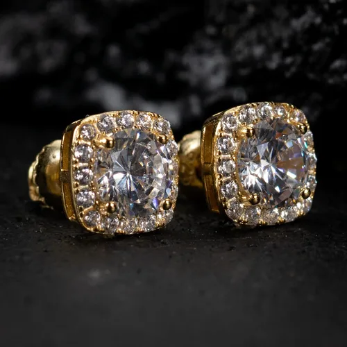 Vista 2 de Pendientes de plata de ley de oro amarillo para hombre, corte cuadrado, estilo hip hop, con cierre de rosca, Plata de ley, Circonia cúbica