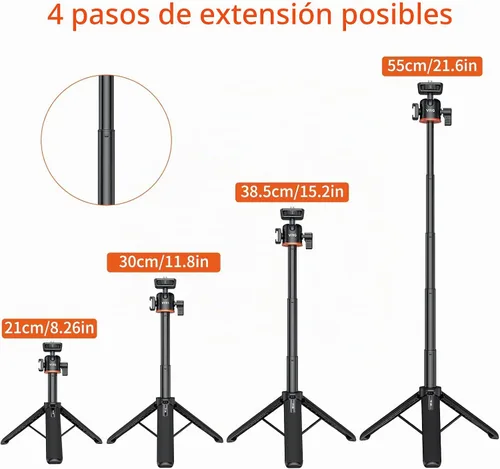 Vista 2 de VRIG Trípode con Palo de Extensión de 21.6", Mini Palo para Selfie Trípode Soporte Mango con Agarre para DJI Osmo Pocket 3, Insta 360 X5 Webcam A0031
