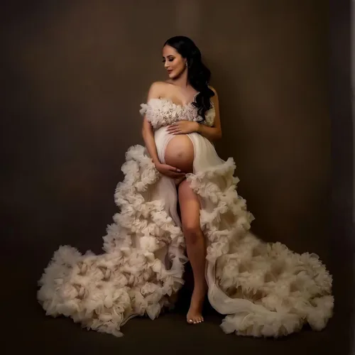Vista 4 de Bata de tul para mujer, vestido de maternidad para sesión de fotos, volantes hinchados, lencería nupcial, bata de baño, bufanda de boda con ilusión