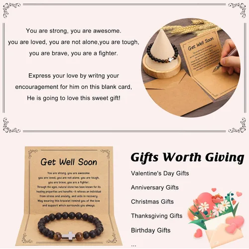 Vista 6 de Pulsera de piedra natural para hombres, hijo, papá, abuelo, papá, marido, tío, niños, hermano, sobrino. Recupérate pronto, jubilación, regreso a
