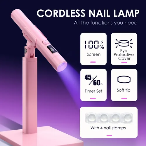 Vista 2 de Mini luz UV para uñas, luz UV de mano pequeña rosa portátil para uñas de gel, lámpara de curación flash recargable inalámbrica, lámpara de gel
