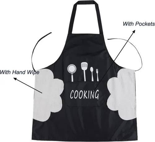 Vista 5 de Paquete de 2 delantales de cocina con toallita de mano, resistente a las gotas de agua con 2 bolsillos, delantales de cocina para mujeres y hombres