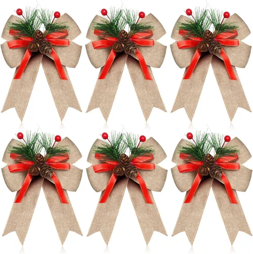 Vista 20 de Syhood - 6 lazos de Navidad a cuadros con piñas de pino, cintas de terciopelo negro, para corona de árbol de Navidad, decoración de fiestas