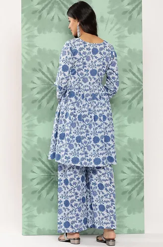 Vista 7 de Janasya Túnica de algodón azul claro indio estampado botánico con palazzo para mujer