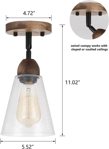 Vista 4 de Lámpara de techo rústica de cristal empotrado, mini pantalla de vidrio transparente y madera de roble, lámpara de techo semiempotrada para cocina