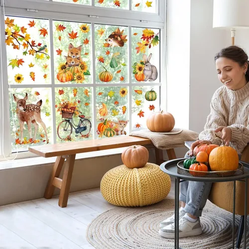 Vista 4 de 68 calcomanías de otoño para ventana, de doble cara, hojas de arce de otoño, calabaza, calcomanías para ventana, calcomanías para el hogar, oficina