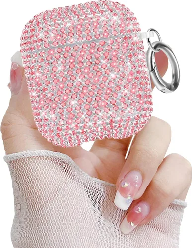 Vista 14 de Newseego Funda para AirPods de 1 y 2 generación, funda de lujo con diamantes de imitación brillantes con llavero para mujeres y niñas, anti-pérdida