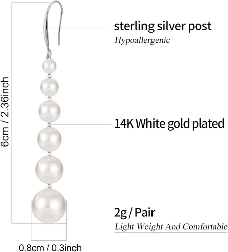 Vista 2 de Aretes largos de perlas para mujer, chapados en oro de 14 quilates, aretes colgantes de borla de plata de ley con poste de perlas largas para baile