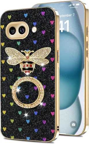 Vista 62 de nancheng Funda para Google Pixel 6 de lujo, diseño de abeja, corazón y abeja, chapado en oro, con anillo de diamante de 360°, correa de cordón
