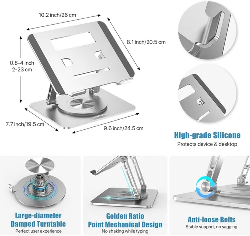 Vista 6 de Soporte para computadora portátil para escritorio, altura y ángulo ajustables, elevador portátil de aluminio para laptop y soporte para monitor