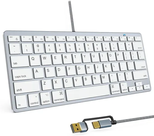 Vista 8 de Teclado con cable ultradelgado para Apple Mac, cable de conversión USB y tipo C, 78 teclas de tijera, teclas de acceso rápido multimedia, compatible