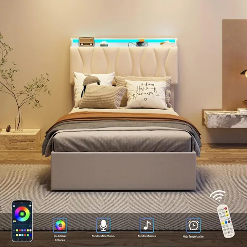 Vista 7 de Fameill Marco de Cama Twin con Almacenamiento Elevable, Cabecera Ajustable, Estación de Carga, Luces LED, Listones de Madera, Sin Ruido, No Requiere