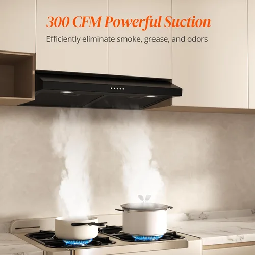 Vista 2 de FIREGAS Campana de Ventilación Negra de 30 Pulgadas para Debajo del Gabinete, Campana de Cocina Convertible con y sin Conductos, 300 CFM, Ventilador