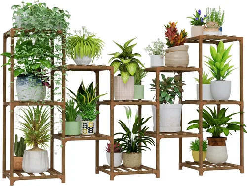Vista 19 de Bamworld - Soporte esquinero para plantas de interior y exterior, mesa pequeña para varias plantas, estante de madera para jardín, patio, césped