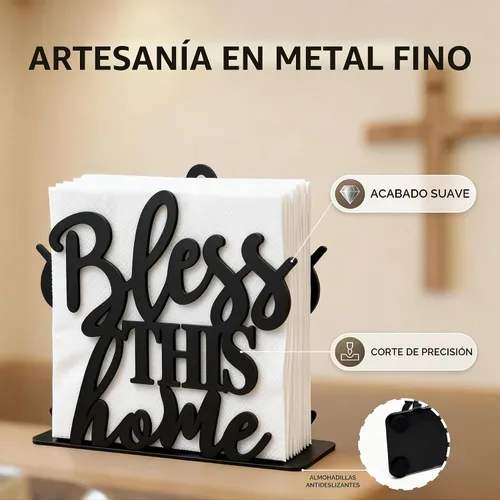 Vista 3 de Paquete de 2 servilletas Bless This Home para mesa, modernos soportes de metal negro para cocina, mesas de comedor y encimeras, dispensador