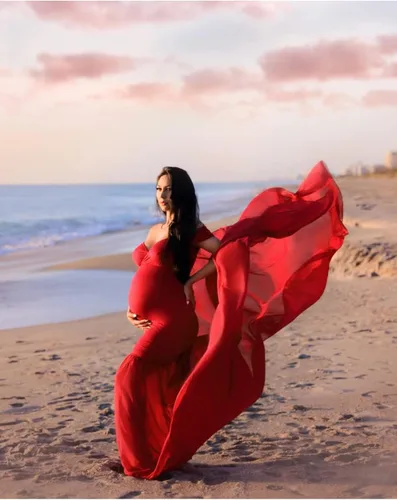 Vista 4 de ORQ Vestido de gasa de maternidad con hombros descubiertos para accesorios de fotos, vestido maxi de fotografía para sesión de fotos