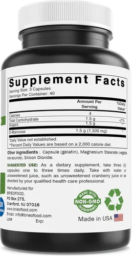 Vista 2 de Brieofood Cápsulas de D-manosa - Salud del tracto urinario - 1500 mg por porción - 120 cápsulas