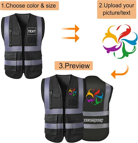 Vista 3 de Chaleco de seguridad personalizado con logotipo, texto, nombre, alta visibilidad, bolsillos y cremallera, a granel para mujeres y hombres Class 2