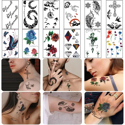 Vista 5 de Yazhiji 32 hojas de tatuajes temporales para adultos, tótem, flor de rosa, girasol, tatuajes falsos para mujeres y hombres, brazo planeta Hlalf