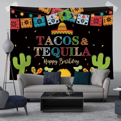Vista 4 de Telón de fondo de fiesta mexicana de feliz cumpleaños, tacos y tequila, luces coloridas, fondo de fondo de cinco de mayo para fotos, fiesta