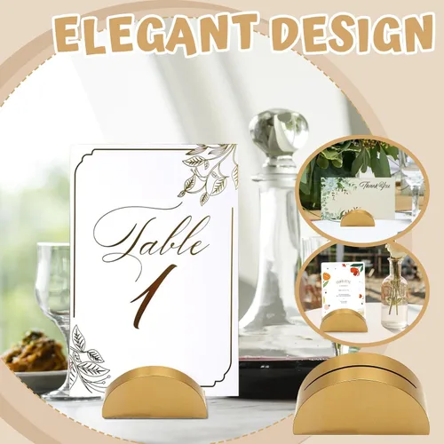 Vista 12 de 24 soportes grandes para números de mesa de 2.3 pulgadas, base semicircular de madera dorada para mesa, para bodas, menú de restaurante, fotos