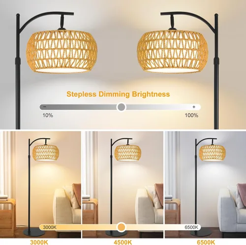 Vista 3 de Lámpara de pie de ratán boho con pantalla - Bombilla LED brillante de 12 W, altura ajustable de 48-60 pulgadas, control remoto con 3 temperaturas