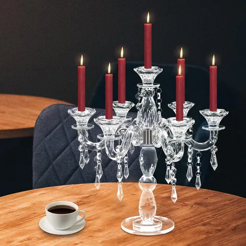 Vista 5 de Candelabros de cristal de 7 brazos, modernos centros de mesa transparentes para mesas, portavelas vintage para el hogar, centros de mesa, bodas