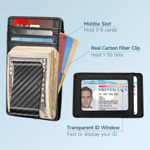 Vista 2 de Travelambo Clip para dinero para hombre, de piel, delgado, minimalista, con bloqueo RFID (tejido negro), Cros negros con clip mate, Minimalista