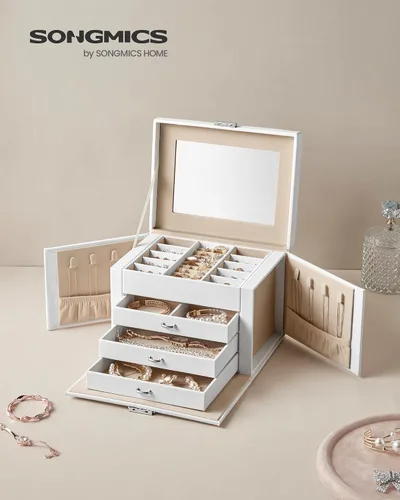 Vista 2 de SONGMICS Joyero, organizador de joyería de 4 niveles, caja de almacenamiento con cerradura, con bandejas, forro de terciopelo