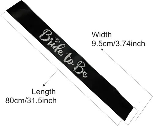 Vista 3 de Bride to Be - Banda de satén negro con letras plateadas con purpurina plateada, banda para despedida de soltera, boda, fiesta, recuerdos