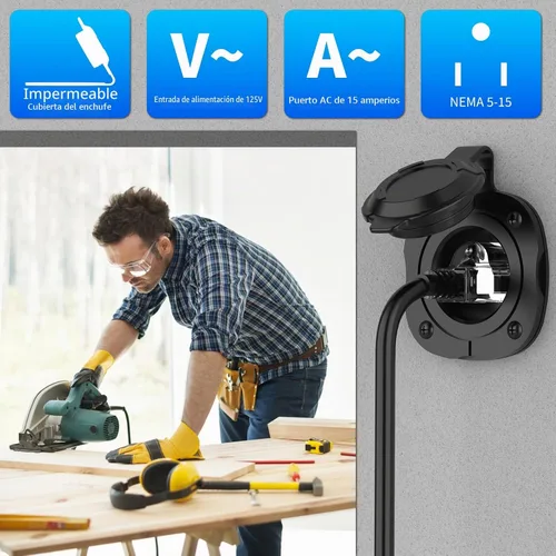 Vista 5 de BEBOBLY Enchufe de puerto de CA de 15 amperios, enchufe de entrada de alimentación de 125 V con cubierta impermeable y cable de extensión dual