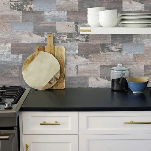 Vista 4 de DEWOO Azulejos de pared rústicos autoadhesivos para cocina, granja, aspecto de madera sintética (10 hojas, 13.5 x 11.4 pulgadas)