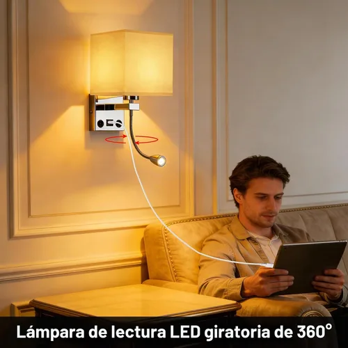 Vista 7 de Apliques de pared con cableado moderno para dormitorio con puerto USB y lámpara de lectura, lámparas de pared de noche para hotel, sala de estar