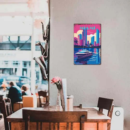 Vista 5 de Cartel de metal divertido de Miami – City Skyline, Retro, póster de los años 80 para decoración de pared para el hogar, hombre, cueva, oficina