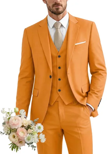 Vista 10 de Traje de 3 piezas para hombre con corbata, chaleco sólido de un botón y beige (529-beige)