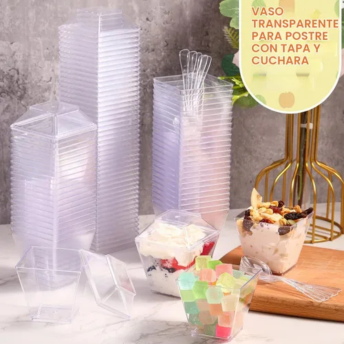 Vista 4 de Mimorou 600 piezas de mini tazas de parfait de postre con tapas y cucharas, taza cuadrada transparente para aperitivos, cuenco de postre de plástico