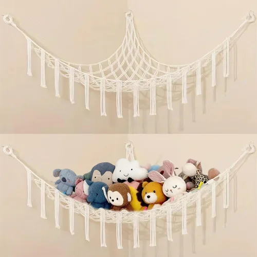 Vista 6 de Hamaca de almacenamiento de animales de peluche o organizador colgante de esquina, red de almacenamiento de juguetes grande para decoración de Blanco
