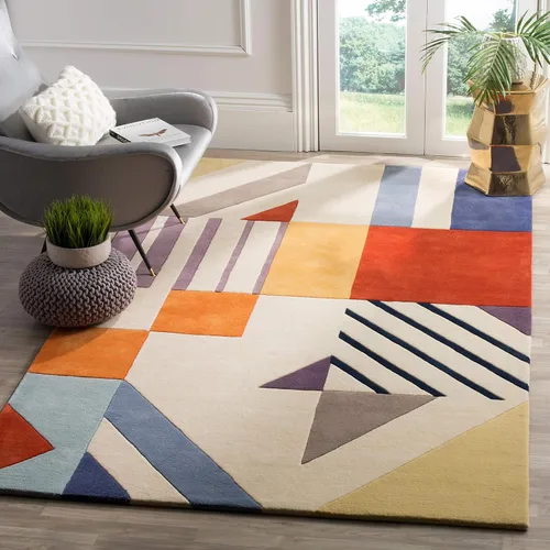 Vista 5 de SAFAVIEH Fifth Avenue Collection FTV120A - Alfombra decorativa de lana moderna de mediados de siglo, 2 x 3 pies, color marfil/multi