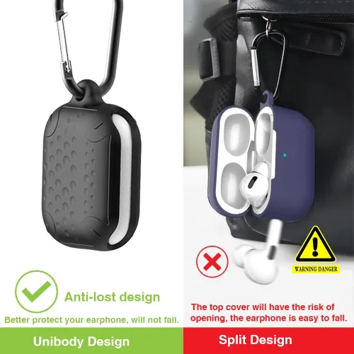 Vista 5 de Funda impermeable para AirPods Pro de 2ª generación, funda protectora de silicona antipérdida, carga inalámbrica y LED visible, con mosquetón