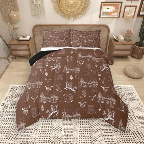 Vista 18 de Feelyou, juego de ropa de cama estilo vaquero tamaño individual para niños, juego de edredón occidental para niños y niñas, desierto del lejano