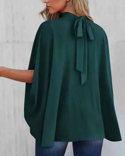 Vista 38 de BTFBM Blusas de verano para mujer, cuello alto falso, manga murciélago, holgadas, dobladillo alto y bajo, blusas informales de gran