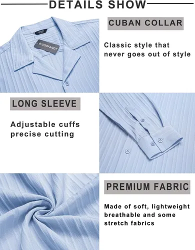 Vista 5 de COOFANDY Camisas casuales de manga larga con botones para hombre, camisa de playa de lino texturizado a la moda