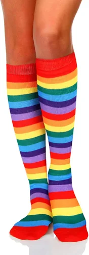 Vista 6 de Suluia Calcetines altos de color arcoíris para mujer, a rayas hasta la rodilla, medias altas hasta el muslo, tubo largo, copa del mundo, calcetines